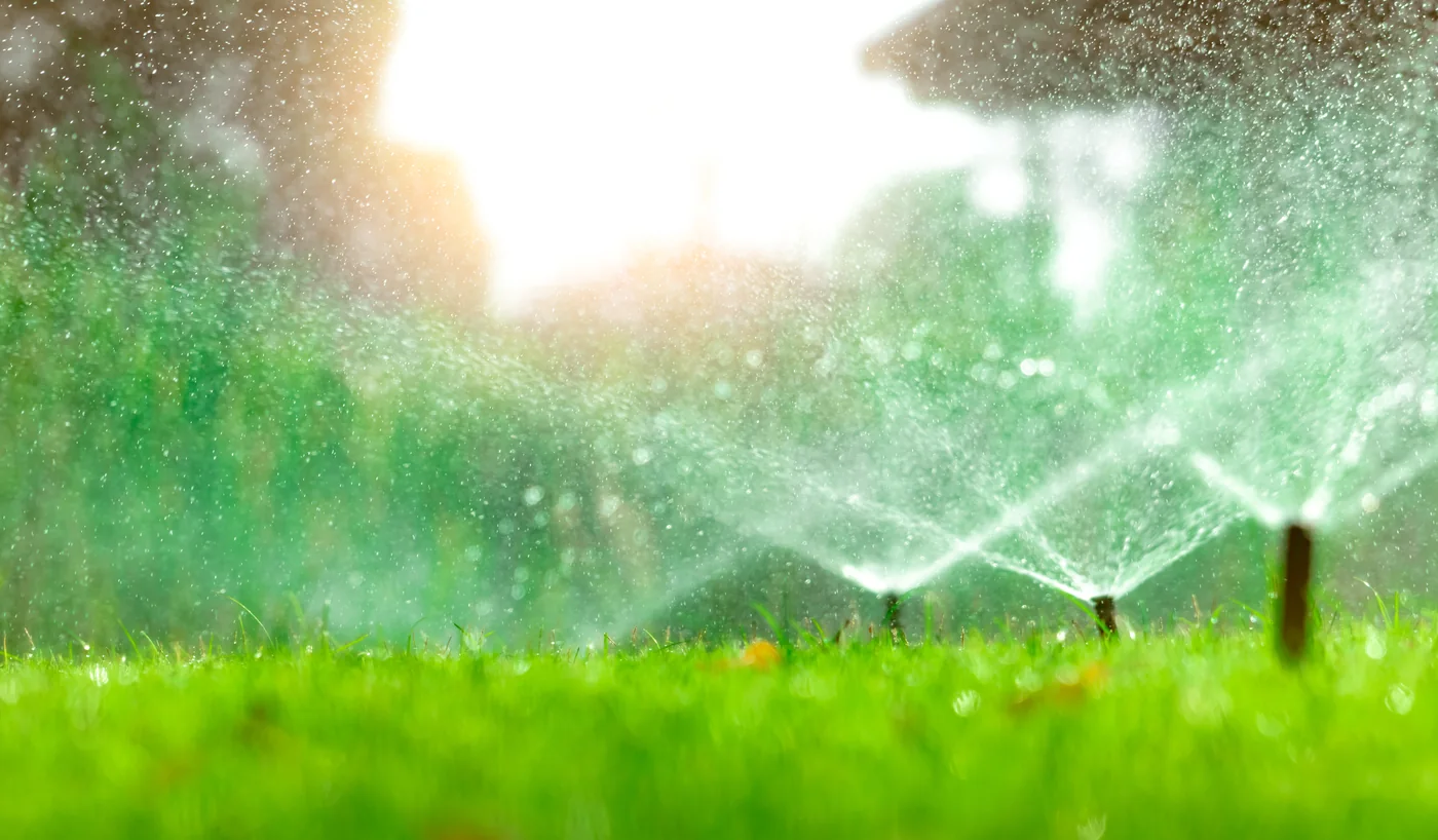 Multiple lawn sprinklers watering grass in morning sunlight.